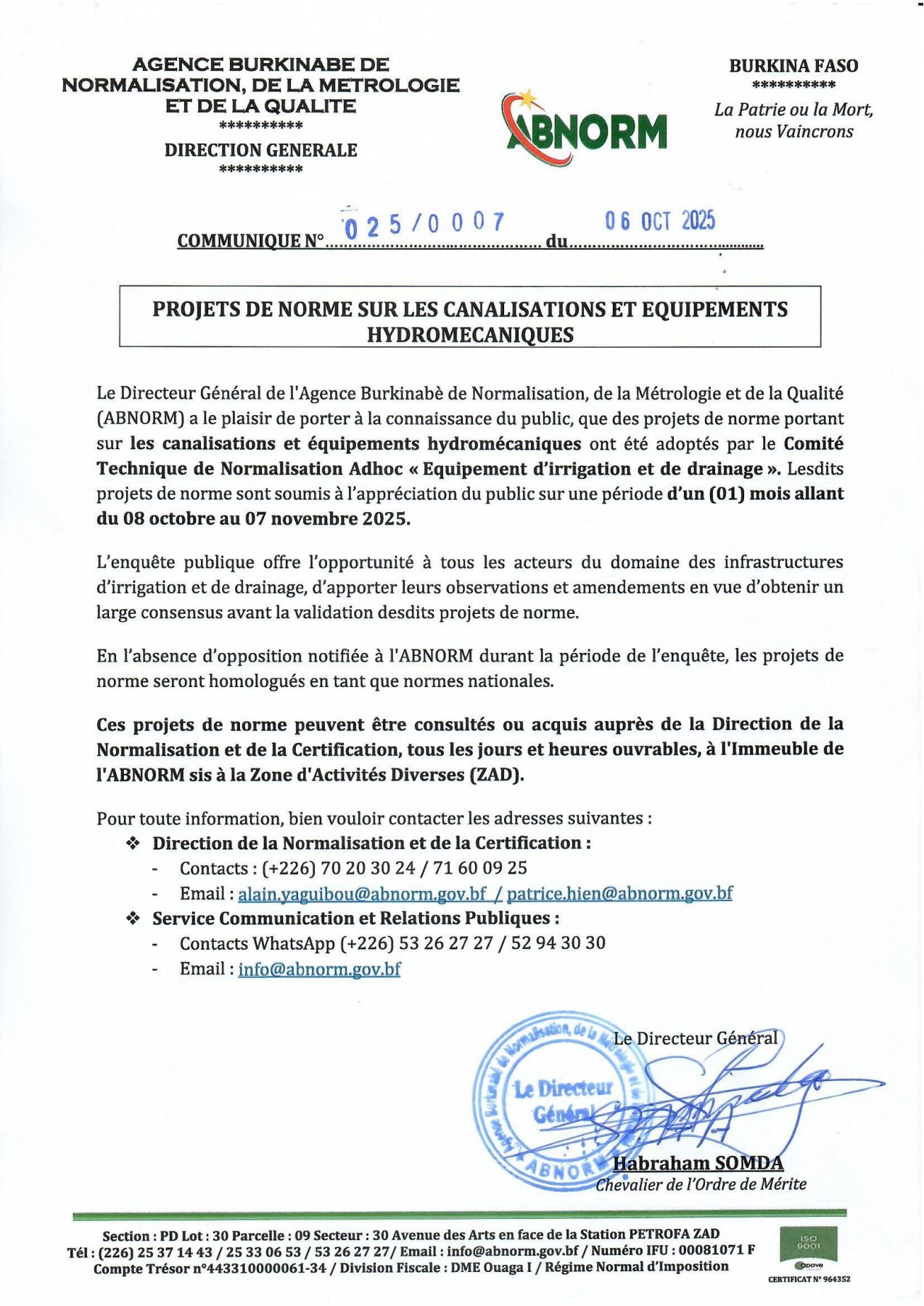 Projet de norme sur les canalisations et equipements hydromecaniques